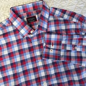 UNTUCKit Men Medium Stever Hill Red White Blue Performance Plaid Button Up Shirt